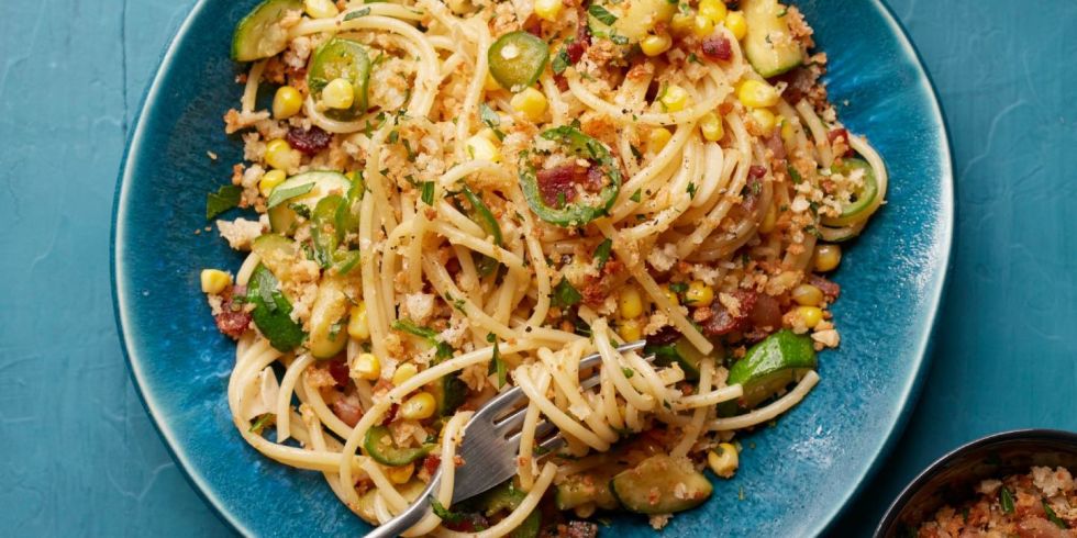 Corn, Zucchini and Jalapeno Spaghetti with Parmesan Crumbs